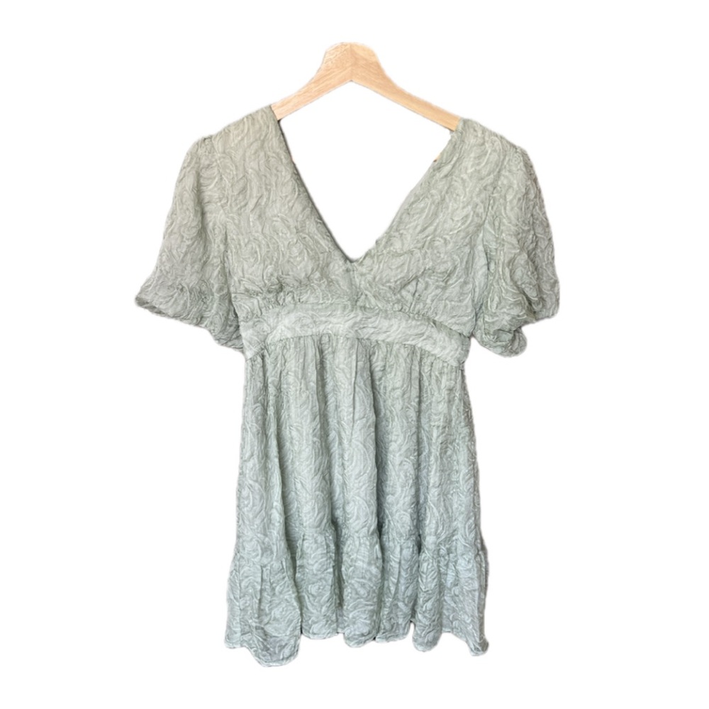 Lulu’s Romantic Waltz Sage Green Organza Puff Sleeve Mini Dress. Size: Small - Picture 3 of 8